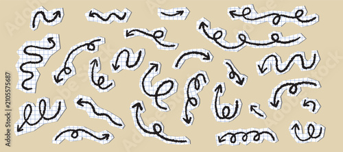 Funky playful scrapbook doodle arrows collection. Blue fun tear paper shapes with ink crayon drawn arrows. Hand drawn scribble stickers set.