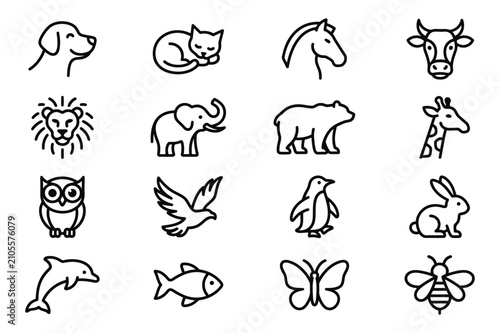 Canvas Print Set of diverse animal line art icons featuring various wild and domestic creatur
