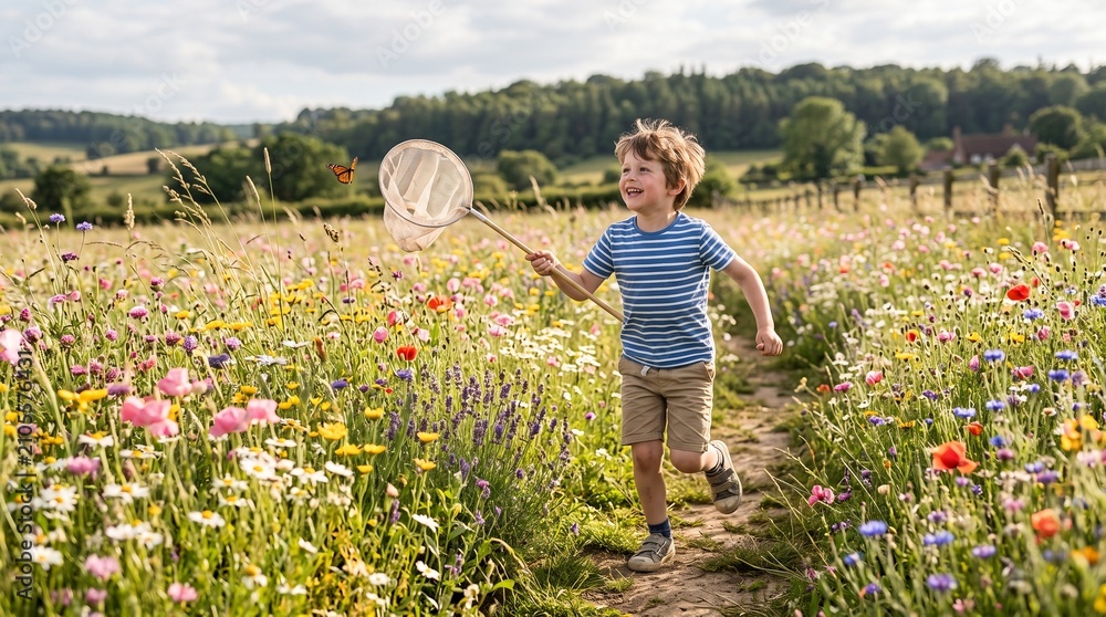 Fototapeta premium Young boy happily chases a butterfly with a net through a vibrant wildflower meadow