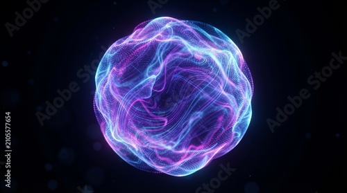 Abstract 3D sphere of purple and blue neon gradient particle waves representing Artificial Intelligence.