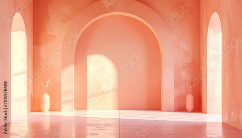 Sunlit peach arches and textured walls with subtle plant accents