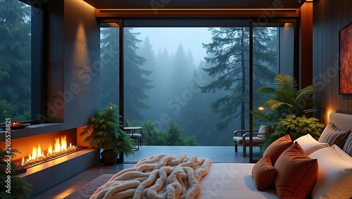 Modern bedroom with linear fireplace and foggy pine forest view