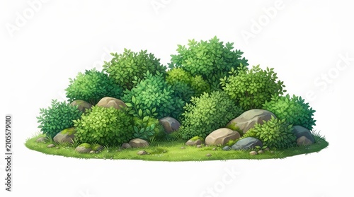 Isolated green bushes and shrubbery featuring rocks and a grass patch.