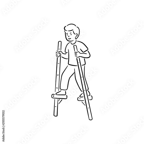 Line art vector of a boy playing egrang or traditional Indonesian bamboo stilts, a classic outdoor folk game for independence day celebration