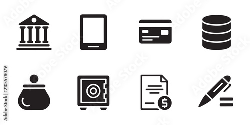 Banking and fintech elements featuring safe deposit box credit card database and purse symbols.