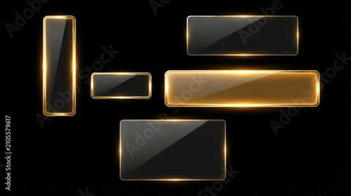 Gold glass button interface and light frame banner set for web and mobile apps.