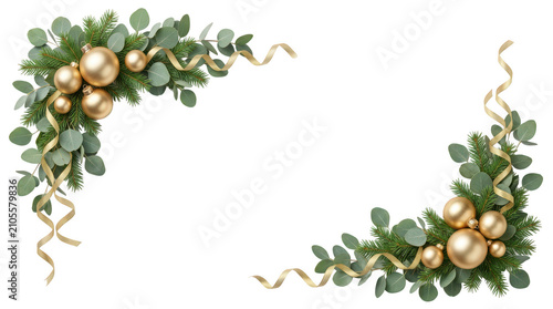 Christmas corner frame with green eucalyptus leaves and gold ornaments isolated on transparent background