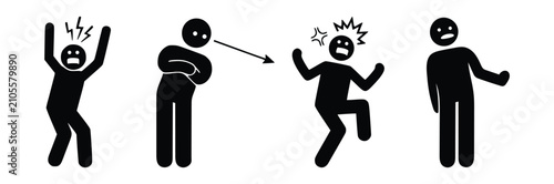 Human Emotion and Reaction Icon Set - Fear, Anxiety, Anger, Confusion, Stress, Shock, Emotional Expression, Stick Figure Pictogram Collection Isolated on White Background Vector
