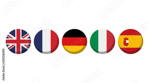 Colorful national flags of united kingdom france germany italy spain symbolizing diversity and international unity on a white background