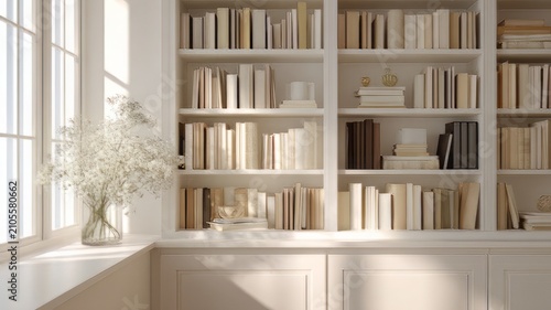Minimalist white bookshelf with neutral books, bright home library interior with window light, elegant study room with floral vase and wooden shelves