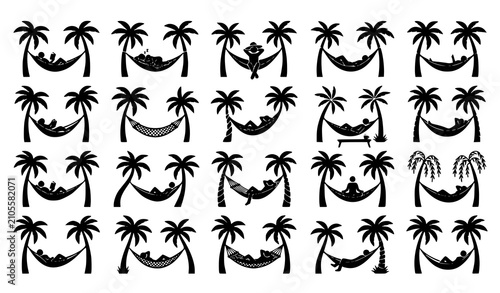Schilderij op canvas Minimal Hammock and Palm Tree Silhouettes Vector Collection for Vacation Themes
