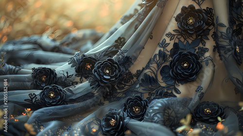 Elegant fabric draped with dark blue floral lace appliques and golden accents creating a luxurious texture.