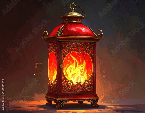 Ornate red lantern glowing with vibrant flames, set against a textured, dark background
