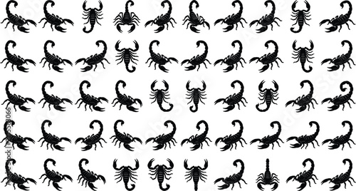 Schilderij op canvas Scorpion Black Silhouette Icon Bundle featuring Multiple Desert Predators Arachn