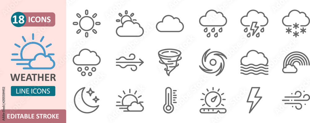 Obraz premium Set of 18 weather line icons for forecast and climate with forecast temperature thermometer lightning meteorology