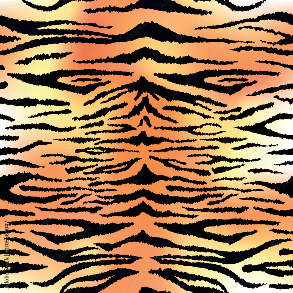 Obraz premium Tiger leather seamless pattern. Vector wild animal skin detailed texture, black stripes fur print on white and orange gradient background. Abstract jungle safari texture for fabric, decor, fashion.