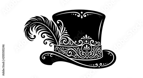 Tableau sur toile Elegant Top Hat With Feather Ornament Black Silhouette