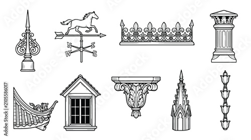 Fotografía Vintage architectural roof elements set, 9 Victorian building ornaments vector,