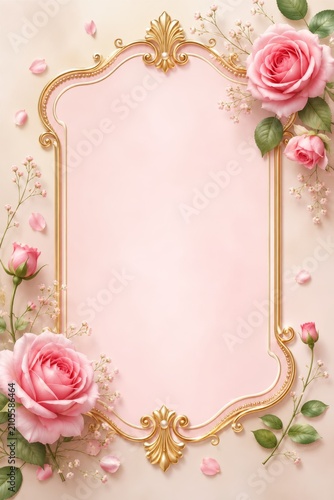 Elegant floral frame with pink roses. Vintage gold border for wedding invitation design.