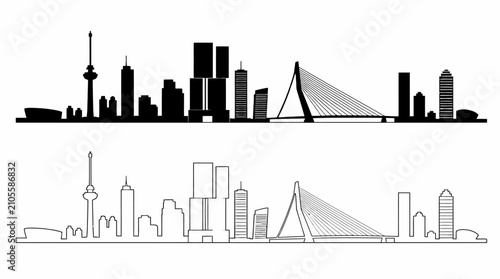 Rotterdam Skyline Silhouette with Erasmus Bridge and City Landmarks