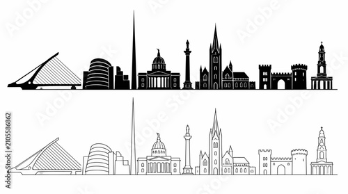 Dublin Skyline Silhouette in Solid and Outline Styles