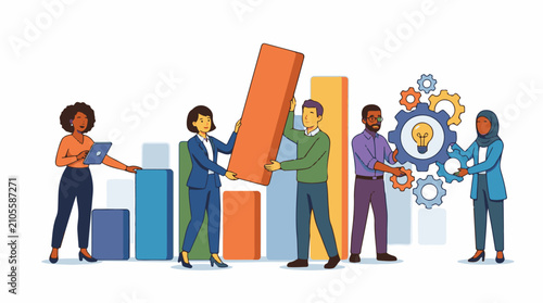 Diverse group collaborates on a business growth strategy with a lightbulb