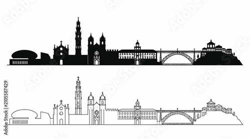 Porto Skyline Silhouette and Outline Vector Illustration