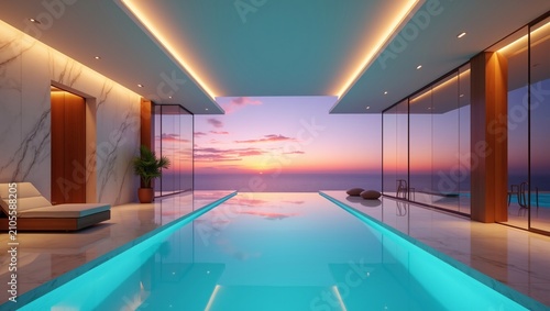 Sleek indoor infinity pool overlooking vivid sunset ocean scenery