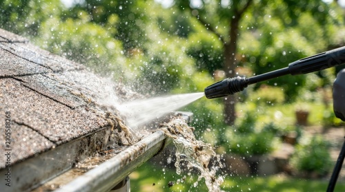 High pressure water spray from a pressure washer wand cleaning a roof gutter.