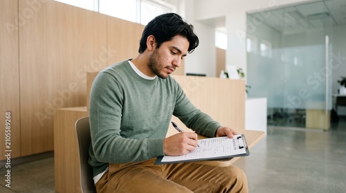 Young Latino man filling out patient intake form on clipboard in clinic waiting room.