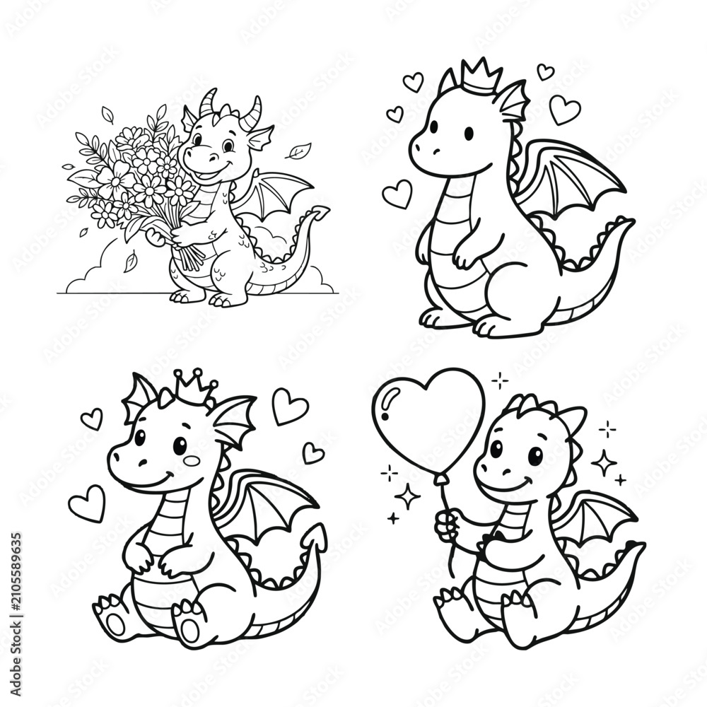 Obraz premium Royal Baby Dragon with Crown and Hearts Coloring Page