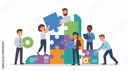 Diverse group collaborates building a puzzle of success
