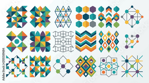 Diverse geometric and abstract patterns in bright contrasting colors