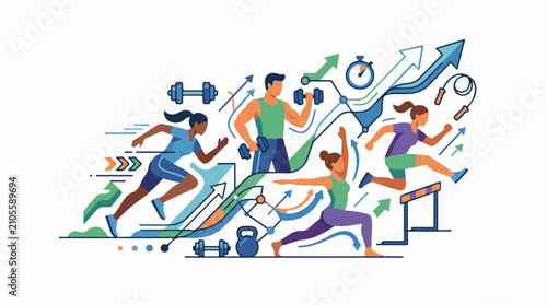 Diverse group engaged in fitness activities with upward trending arrows