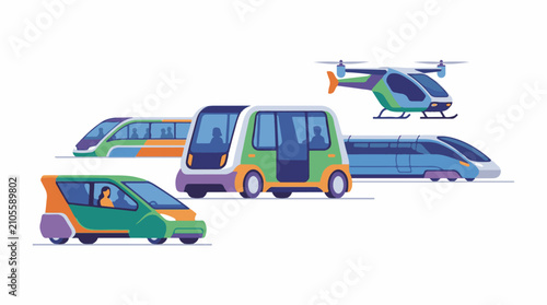 Diverse future transport modes illustrated sleek trains autonomous pods and aerial vehicles