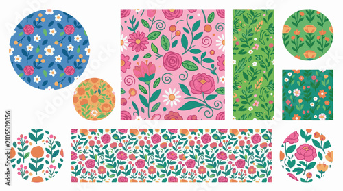 Diverse floral patterns on pink blue orange and green backgrounds