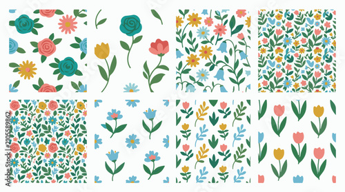 Diverse floral patterns and single floral elements in a bright palette