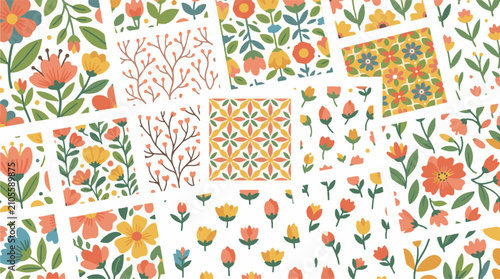 Diverse floral patterns and motifs in a vibrant overlapping composition