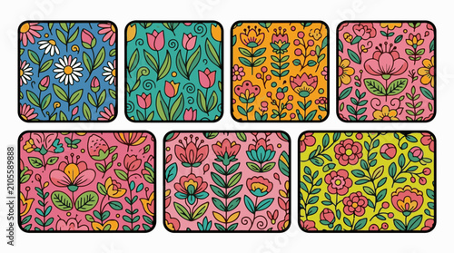Diverse floral patterns with rounded corners on bright backgrounds