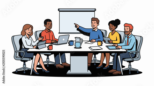 Diverse group collaborates at a modern boardroom table with digital devices and presentations