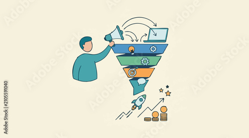 Marketing sales funnel, business growth strategy, lead generation process illustration