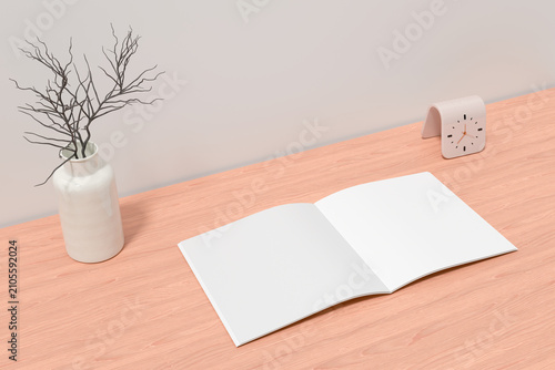 Quadro su tela Square book or magazine mockup with open blank white pages on wooden desk table,