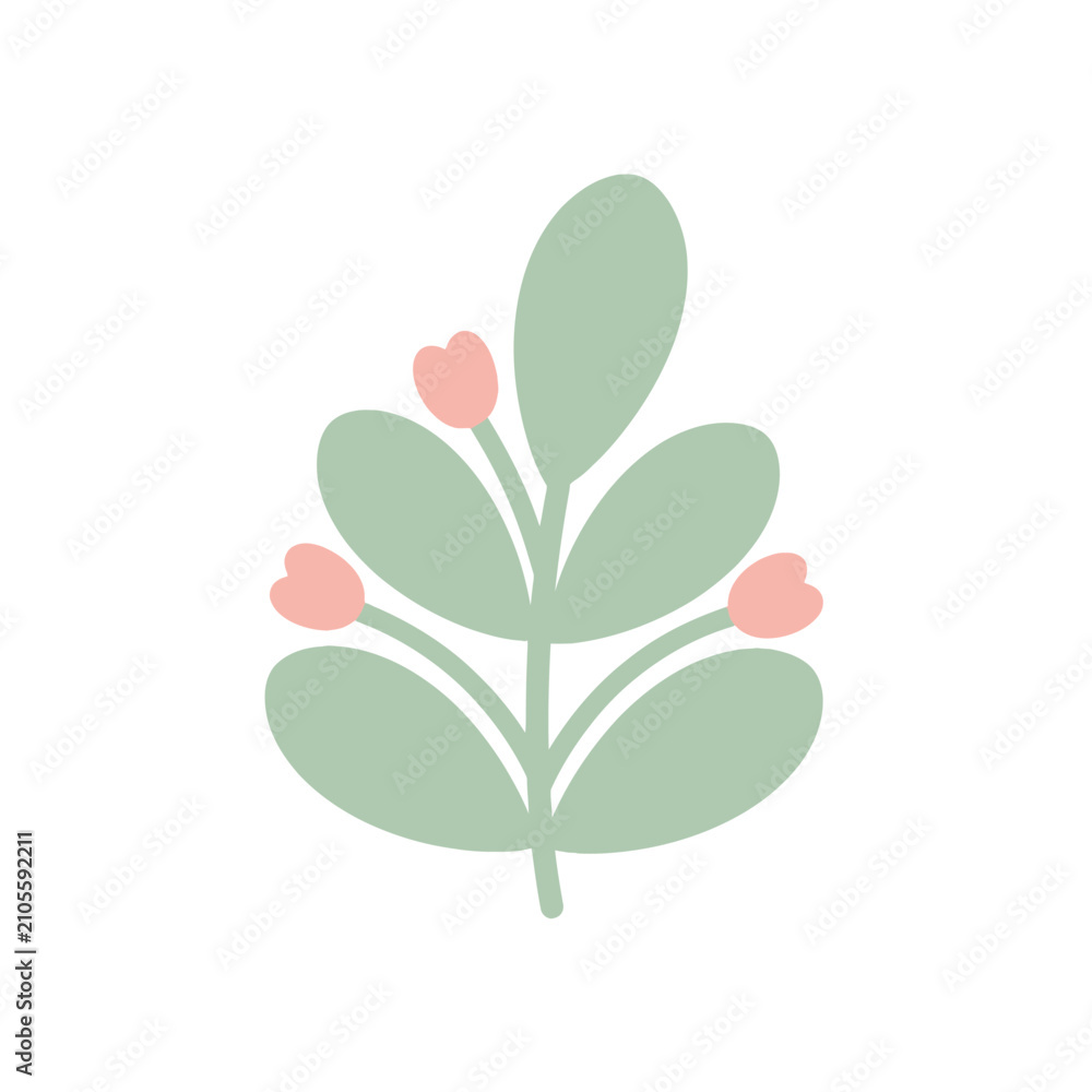 Obraz premium Botanical illustration featuring a symmetrical arrangement of soft sage green leaves and delicate pastel pink buds creates a serene and organic aesthetic suitable for various design projects.