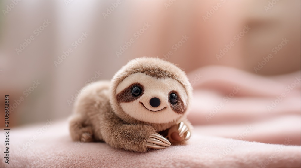 Fototapeta premium Adorable plush sloth toy with big eyes and soft fur resting on a pink blanket. A cute, fuzzy stuffed sloth toy with a friendly smile and shiny claws lies on a soft pink fabric surface