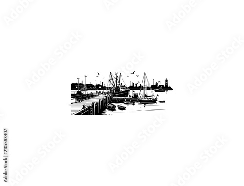 Classic Black and White Harbor Scene with Boats