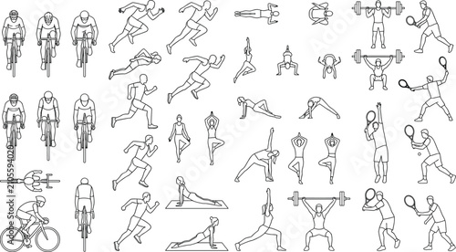 Tableau sur toile Outline vector set of people engaged in various sports and fitness activities in