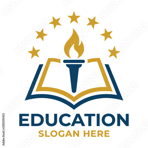 Education logo with open book and torch symbolizing knowledge and learning