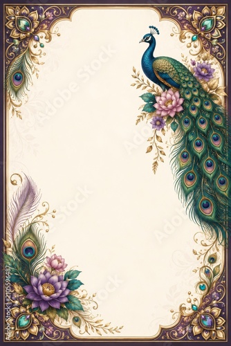 Peacock floral border frame. Elegant vintage invitation background with ornate bird design.