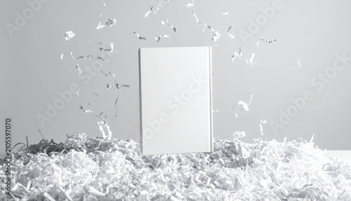 Blank white canvas surrounded by shredded paper confetti.