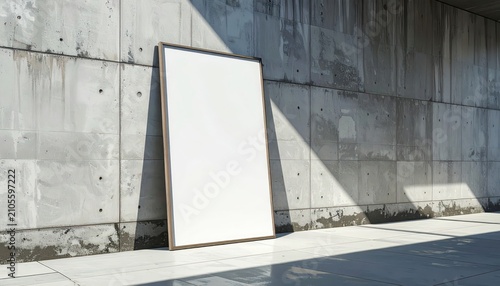 Blank white signboard against concrete wall outdoors.